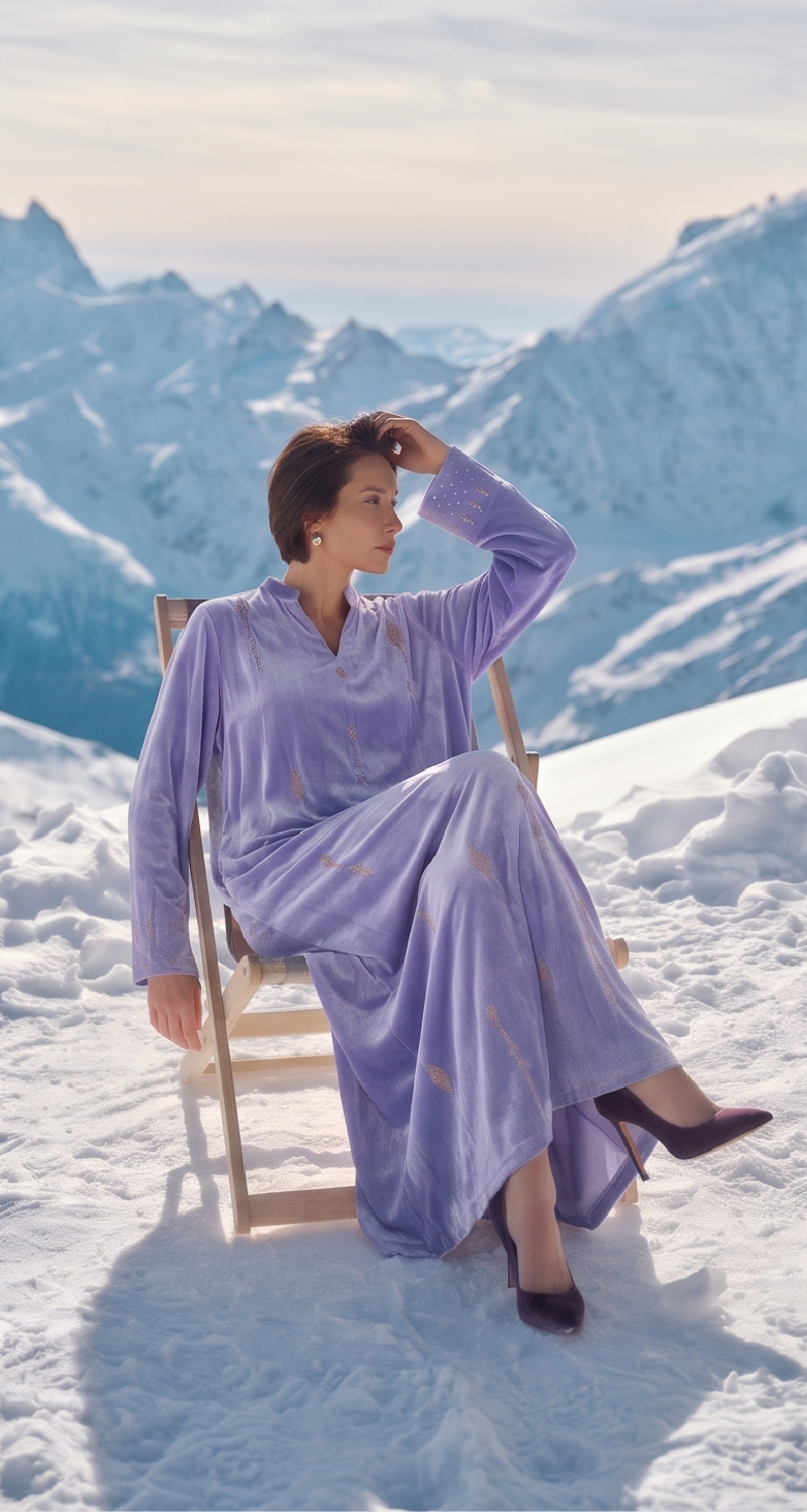 A model in a lavender dress seated on a wooden deck chair in snowy mountains